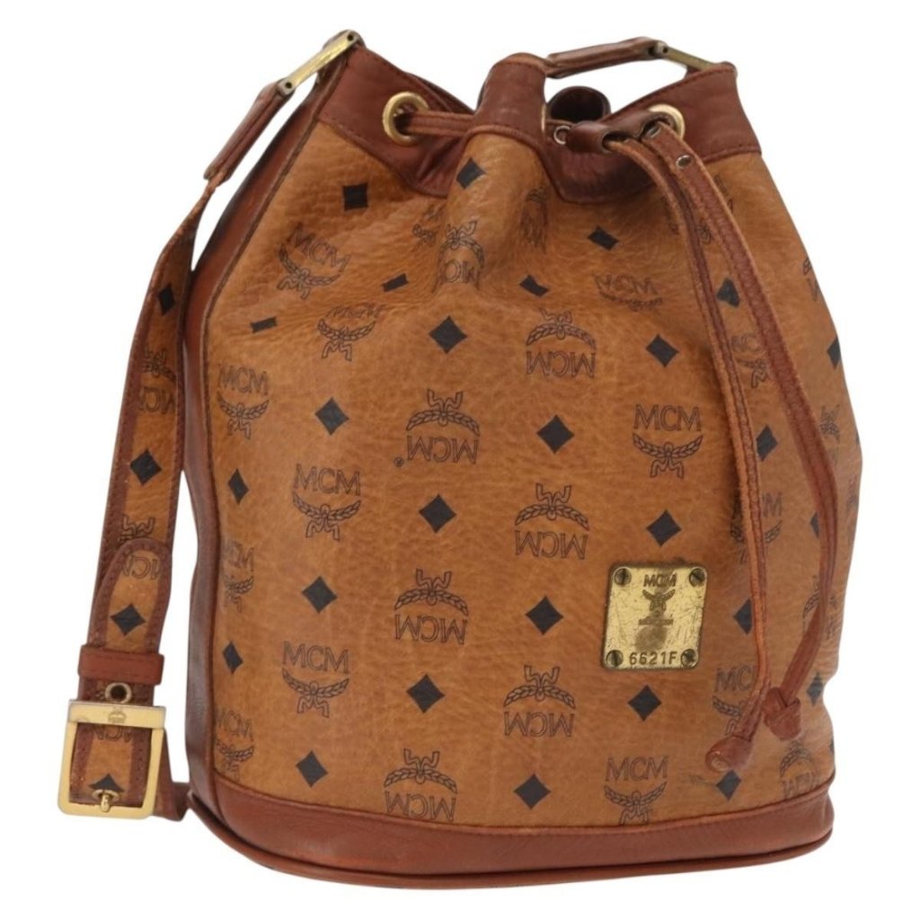 Authentic Mcm Logogram Vicetos Shoulder Bag Pvc Leather Brown Gold